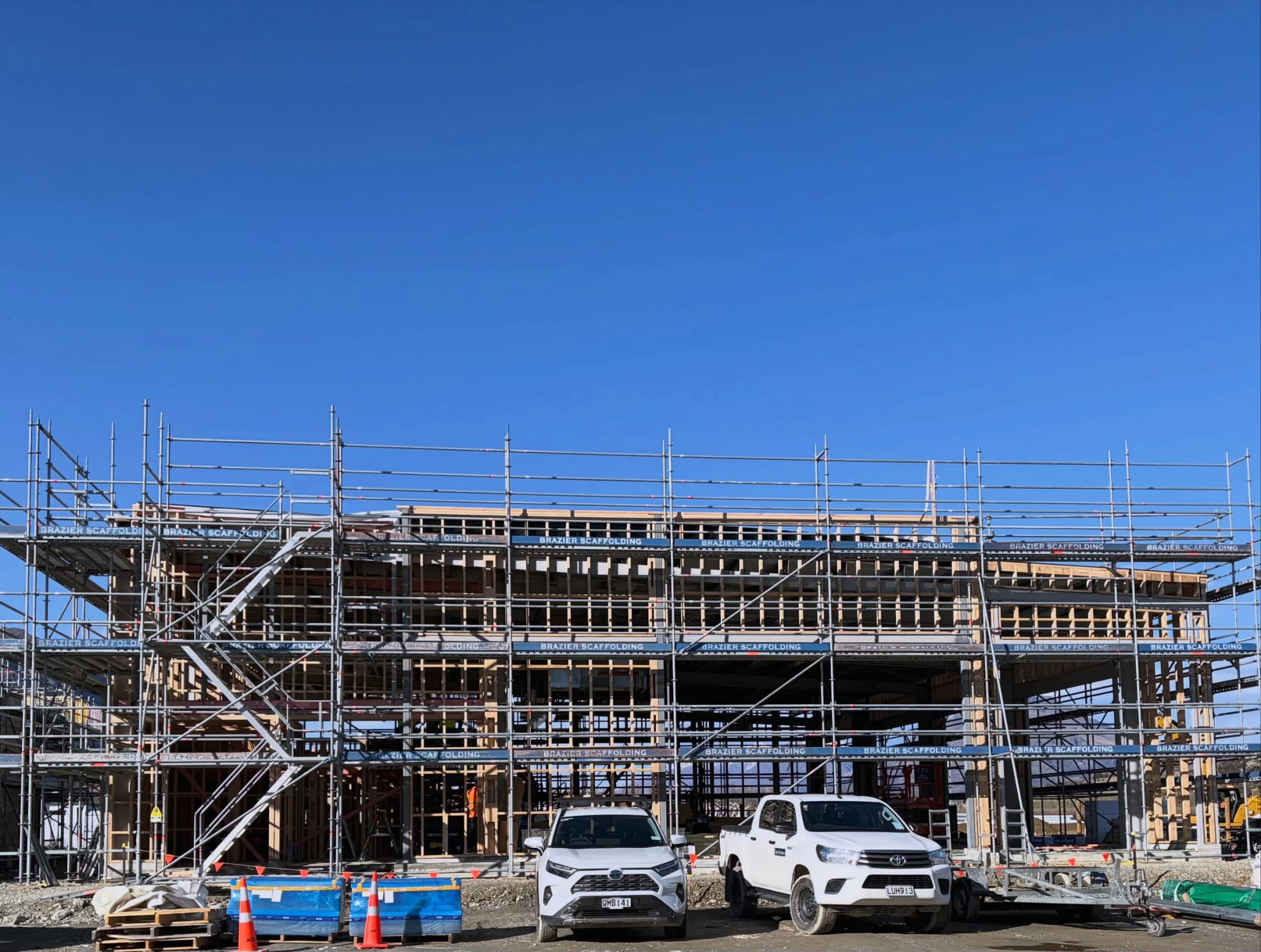 The new Park Ridge gym under construction, with its timber framing and scaffolding in place